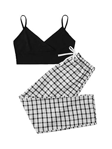 DIDK Conjunto de camiseta y pantalones para mujer de 2 piezas, tirantes finos, parte superior de camisola, pantalones a cuadros con lazo, traje de casa, conjunto de 2 piezas negro blanco L