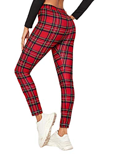 DIDK - Leggings de mujer con diseño de cuadros ecosis, cintura elástica, pantalones largos, estilo casual, leggings de deporte rojo M