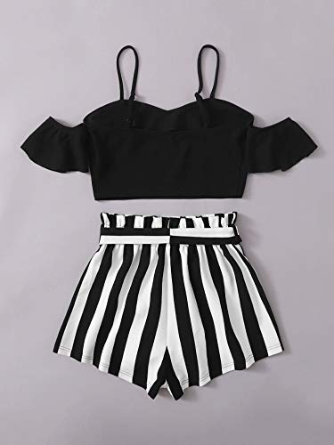 DIDK Pantalones cortos y tops de 2 piezas para mujer, sin barriga, camiseta con tirantes, pantalones cortos, conjunto de 2 piezas, traje de verano Rayas negras. L