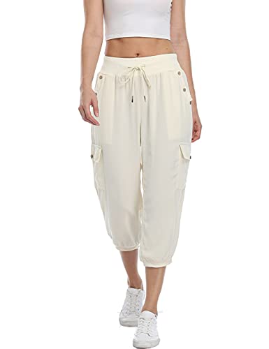 Dilgul Pantalones Mujer 3/4 Pantalones de Deporte Casual Recortados Elásticos Yoga Running Jogger Fitness Pantalones Chandal con Bolsillo Beige XX-Large