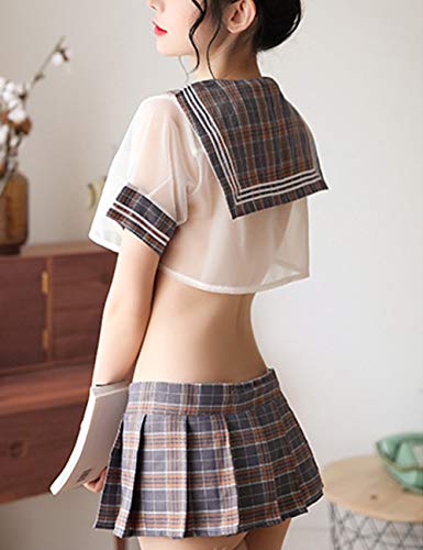 Disfraz de colegiala sexy para cosplay, ropa de lencería de manga corta de gasa con minifalda a cuadros - Gris - Talla Única