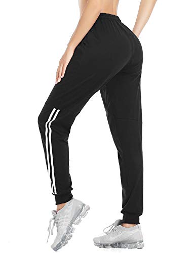 Doaraha Pantalones Deportivos Mujer 100% Algodón Pantalones Chandal de Raya Pantalones Jogger para Running,Fitness,Yoga(Negro)