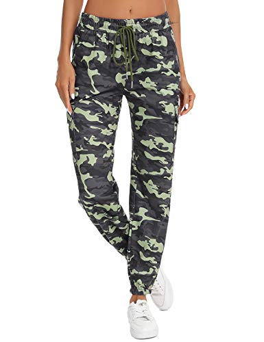 Doaraha Pantalones Deportivos Mujer Algodón Pantalón de Chándal Elásticos Transpirables con Bolsillos Laterales para Deporte Gimnasio Fitness Correr (Camuflaje Verde Militar, M)