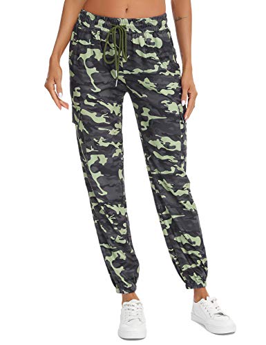Doaraha Pantalones Deportivos Mujer Algodón Pantalón de Chándal Elásticos Transpirables con Bolsillos Laterales para Deporte Gimnasio Fitness Correr (Camuflaje Verde Militar, M)