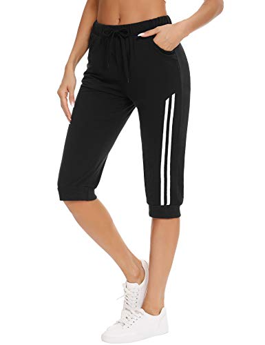 Doaraha Pantalones Pirata de Running Mujer Pantalón Capri Pants Deportivos 3/4 Capris Chándal Cintura Alta con Bolsillo para Deporte Yoga Fitness Correr Entrenamiento (Negro, M)