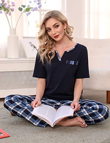 Doaraha Pijama a Cuadros para Mujer Camiseta y Pantalones Pijamas Cortos/Largos con Estampado de Celosía Manga Larga/Corta Ropa de Dormir de Algodón Suave (A#1 Azul Oscuro + Azul (pantalón Largo), L)