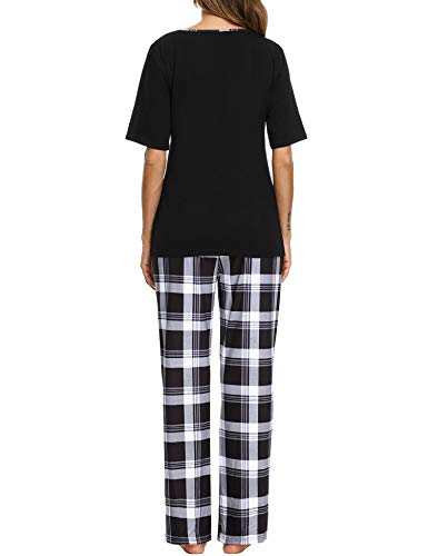 Doaraha Pijama a Cuadros para Mujer Camiseta y Pantalones Pijamas Manga Larga Celosía Ropa de Dormir de Algodón Manga Corta con Bolsillo Cuello de Muesca 2 Piezas (A#1 Negro (pantalón Largo), L)