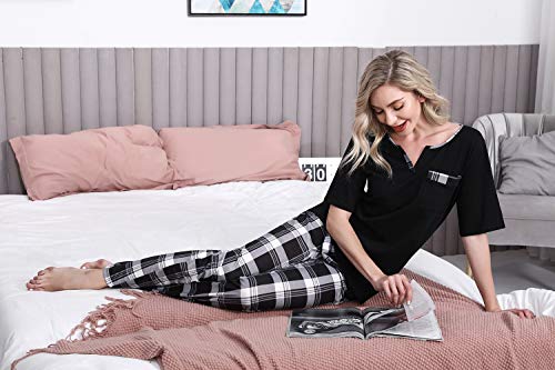 Doaraha Pijama a Cuadros para Mujer Camiseta y Pantalones Pijamas Manga Larga Celosía Ropa de Dormir de Algodón Manga Corta con Bolsillo Cuello de Muesca 2 Piezas (A#1 Negro (pantalón Largo), L)