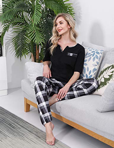 Doaraha Pijama a Cuadros para Mujer Camiseta y Pantalones Pijamas Manga Larga Celosía Ropa de Dormir de Algodón Manga Corta con Bolsillo Cuello de Muesca 2 Piezas (A#1 Negro (pantalón Largo), L)