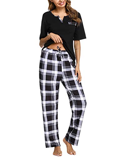Doaraha Pijama a Cuadros para Mujer Camiseta y Pantalones Pijamas Manga Larga Celosía Ropa de Dormir de Algodón Manga Corta con Bolsillo Cuello de Muesca 2 Piezas (A#1 Negro (pantalón Largo), L)