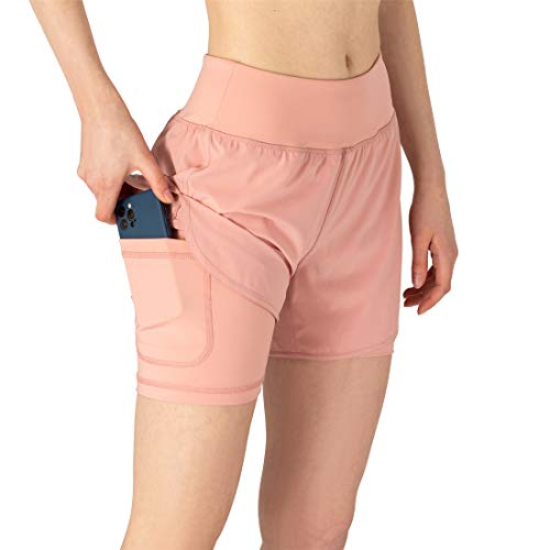 donhobo Pantalones cortos de deporte para mujer, de verano, 2 en 1, de secado rápido, para correr, fitness, yoga, jogging, entrenamiento Rosa. S