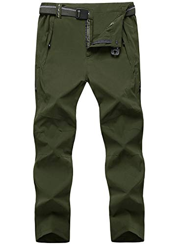 donhobo Pantalones de senderismo para hombre, ligeros, de secado rápido, resistentes al agua, elásticos, de camping, funcionales, para el tiempo libre, para escalar, con cinturón Verde militar. XXL