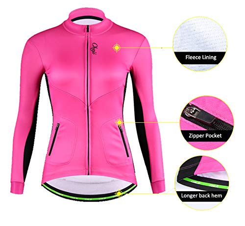 DuShow Mujeres térmica Ciclismo Polar Chaqueta Invierno Manga Larga Ciclismo Jersey Térmico Shoftsell a prueba de viento bicicleta Jersey, Mujer, PINK-FLEECE-201704, rosa, M:5'1"-5'3";99-110(lb)