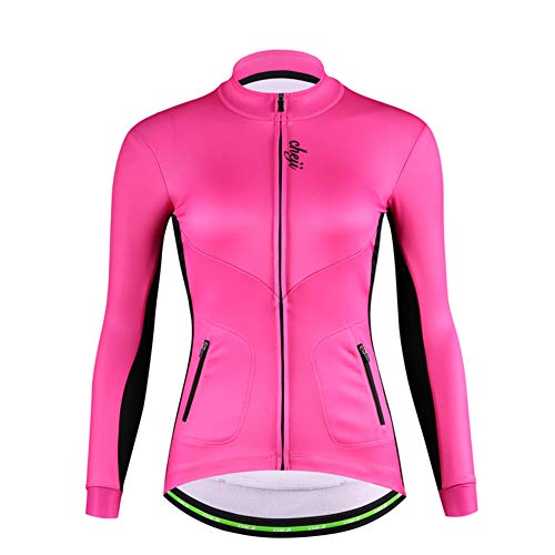 DuShow Mujeres térmica Ciclismo Polar Chaqueta Invierno Manga Larga Ciclismo Jersey Térmico Shoftsell a prueba de viento bicicleta Jersey, Mujer, PINK-FLEECE-201704, rosa, M:5'1"-5'3";99-110(lb)