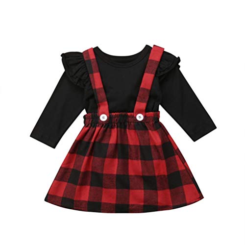 EDOTON Niñas T-Shirt Correa Vestido Trajes de Navidad 2 Unids/Set Manga Larga con Volantes Top Overoles Falda a Cuadros Conjunto de Ropa (4-5 Años, Manga Larga)