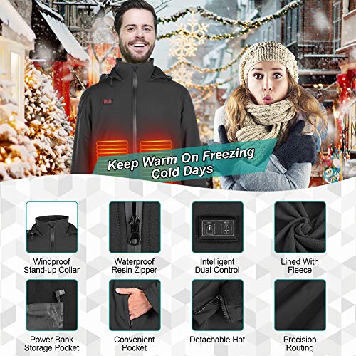 Eléctrica Chaqueta Calefacción, Abrigo Capucha Con Calefacción USB con Interruptor Doble y 4 Almohadillas Térmicas, Chaqueta Invierno Lavable y Resistente al Viento para Actividades al Aire Libre (XL)