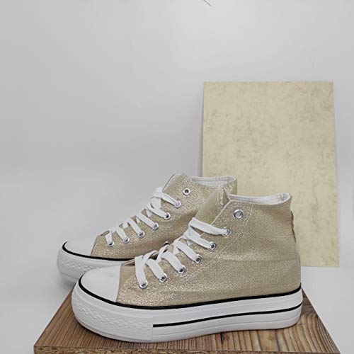 Encarni Zapatería - Zapatillas Cásual para Mujer Lona con Plataforma (Dorado, Numeric_38)
