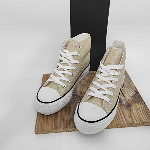 Encarni Zapatería - Zapatillas Cásual para Mujer Lona con Plataforma (Dorado, Numeric_38)