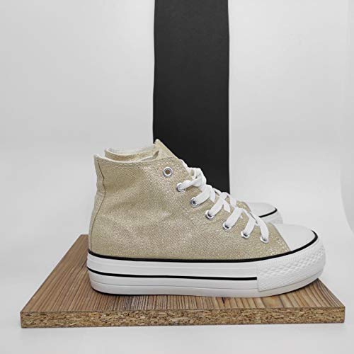 Encarni Zapatería - Zapatillas Cásual para Mujer Lona con Plataforma (Dorado, Numeric_38)