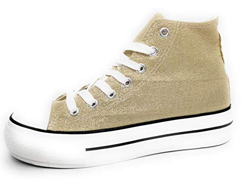 Encarni Zapatería - Zapatillas Cásual para Mujer Lona con Plataforma (Dorado, Numeric_38)