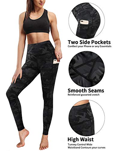 Enmain Pantalones de yoga gris oscuro Leggings de camuflaje para mujer, cintura alta con bolsillo, gimnasio, funcionamiento