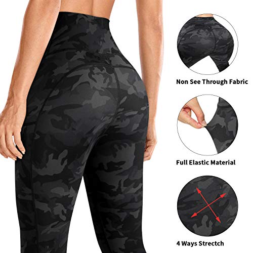 Enmain Pantalones de yoga gris oscuro Leggings de camuflaje para mujer, cintura alta con bolsillo, gimnasio, funcionamiento
