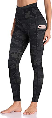 Enmain Pantalones de yoga gris oscuro Leggings de camuflaje para mujer, cintura alta con bolsillo, gimnasio, funcionamiento