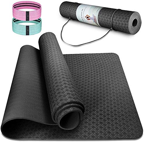 Esterilla Deporte Antideslizante Estera Yoga Colchonetas Pilates Mat Fitness Ecológica TPE para Entrenamiento de Gimnasia 183x61cm, con Correa Y 2 Bandas Elasticas