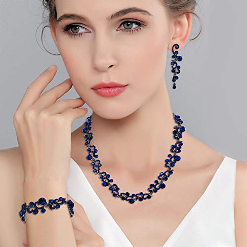 EVER FAITH Juegos de Joyas para Mujer Cristal Austríaco Boda Flor Oleada Collares Pendientes Conjunto Pulsera Azul Tono Negro