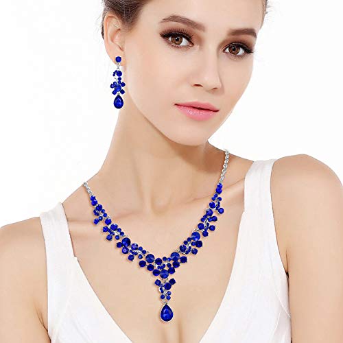 EVER FAITH Juegos de Joyas para Mujer Cristal Austríaco Flor Lágrima Collares Pendientes Conjunto Azul Tono Plateado