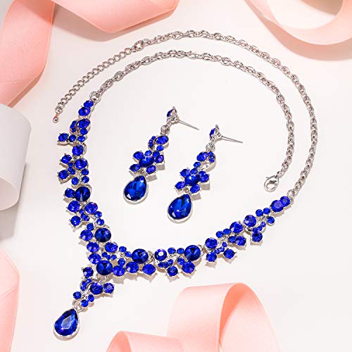 EVER FAITH Juegos de Joyas para Mujer Cristal Austríaco Flor Lágrima Collares Pendientes Conjunto Azul Tono Plateado