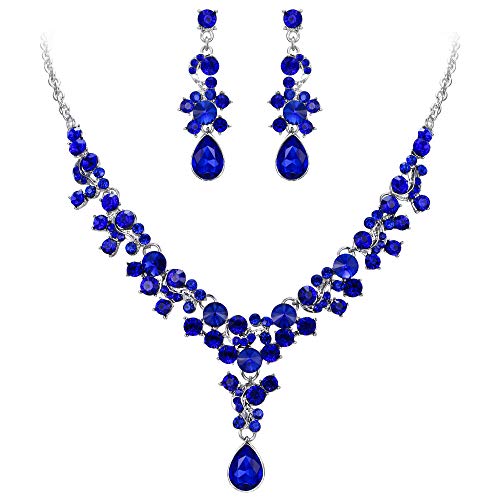 EVER FAITH Juegos de Joyas para Mujer Cristal Austríaco Flor Lágrima Collares Pendientes Conjunto Azul Tono Plateado