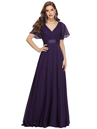 Ever-Pretty A-línea Vestido de Noche Cuello en V Manga Corta Gasa Corte Imperio para Mujer Morado Oscuro 46