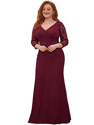 Ever-Pretty Vestido de Madre de la Novia Sirena Encaje Largo para Mujer Talla Grande Escote en V Manga 3/4 Elegantes Burdeos 50