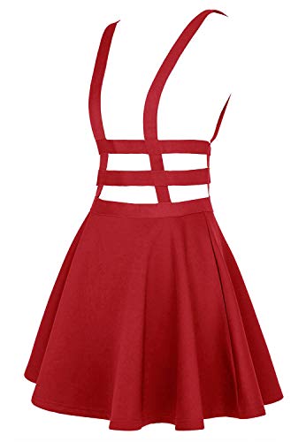 EXCHIC Falda de Cintura Elástica con Pliegues de la Moda A-Line Suspender Brace Falda (L, Rojo)