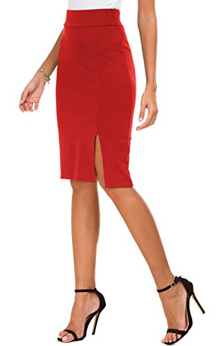 EXCHIC Lápiz de Mujer Bodycon Falda de Negocios Hendidura Lateral Dobladillo (S, Rojo)