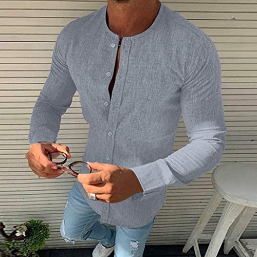 Explosión Otoño Moda Color Sólido El Botón Cuello Redondo Mezcla De Algodón Hombre Manga Larga Camisa Ocio Cárdigans Hombre Tops Camisetas A orillas del mar Al Aire Libre Hombre Ropa MEIbax