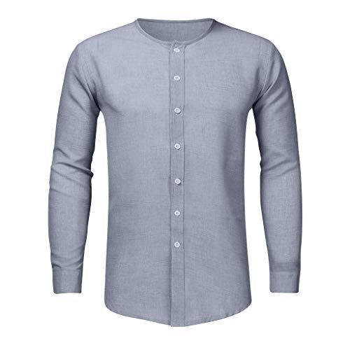Explosión Otoño Moda Color Sólido El Botón Cuello Redondo Mezcla De Algodón Hombre Manga Larga Camisa Ocio Cárdigans Hombre Tops Camisetas A orillas del mar Al Aire Libre Hombre Ropa MEIbax