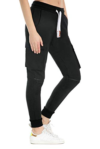 Extreme Pop Mujer Pantalones de chándal de algodón Puro Joggers de Corte Slim Pantalones Cargo de Punto de Rizo francés Colores Negro Gris Azul (M, Negra)