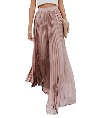 Falda Larga de Estilo Bohemia de Cintura Alta para Mujer Plisada Falda Maxi Pink L