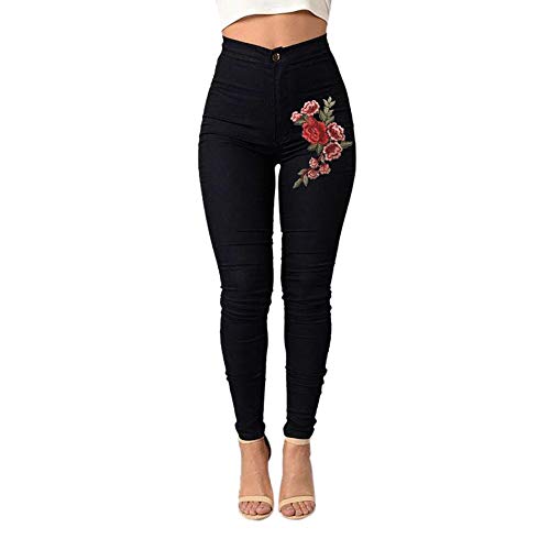 FAMILIZO Vaqueros Rotos Mujer Vaqueros Mujer Baratos Tallas Grandes Vaqueros Altos Ajustados Slim Fit Pantalones Tejanos Largos Mujer Aplique Casual Skinny Talle Alto (XL, Negro)