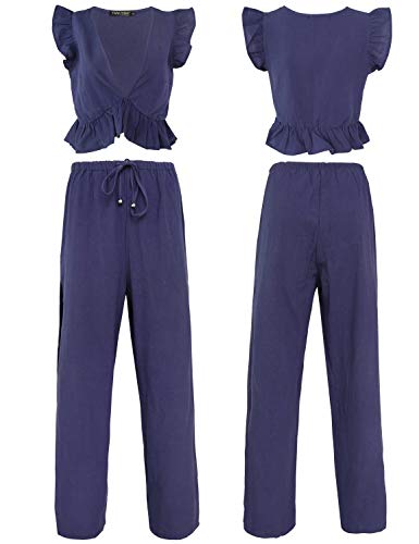 FANCYINN 2 Piezas Mujer Conjunto Fiesta Playa Verano Pantalon y Top (Azul Marino, XL(EU 46))