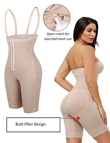 FeelinGirl Faja Braga Reductora Mujer Pantalones Moldeadores con Tirantes Ajustables y Desmontables Shapewear Adelgazante de Encaje Beige S/Talla 34-36