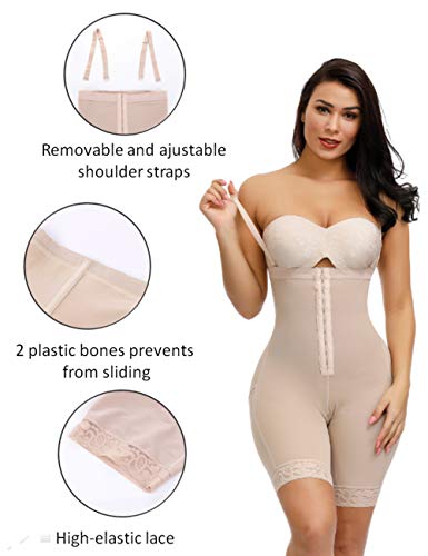 FeelinGirl Faja Braga Reductora Mujer Pantalones Moldeadores con Tirantes Ajustables y Desmontables Shapewear Adelgazante de Encaje Beige S/Talla 34-36