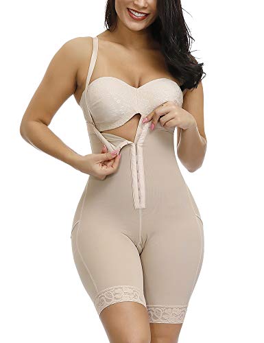 FeelinGirl Faja Braga Reductora Mujer Pantalones Moldeadores con Tirantes Ajustables y Desmontables Shapewear Adelgazante de Encaje Beige S/Talla 34-36