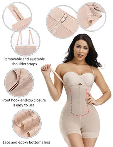 FeelinGirl Faja Pantalón Reductora con Cremallera - Mujer Fajas Moldeadores con Tirantes Ajustables y Desmontables Shapewear Adelgazante de Encaje Beige 3XL/Talla 46-48
