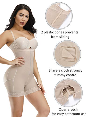 FeelinGirl Faja Pantalón Reductora con Cremallera - Mujer Fajas Moldeadores con Tirantes Ajustables y Desmontables Shapewear Adelgazante de Encaje Beige 3XL/Talla 46-48
