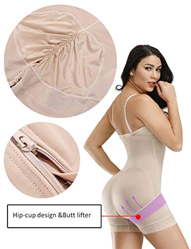 FeelinGirl Faja Pantalón Reductora con Cremallera - Mujer Fajas Moldeadores con Tirantes Ajustables y Desmontables Shapewear Adelgazante de Encaje Beige 3XL/Talla 46-48