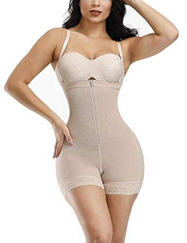 FeelinGirl Faja Pantalón Reductora con Cremallera - Mujer Fajas Moldeadores con Tirantes Ajustables y Desmontables Shapewear Adelgazante de Encaje Beige 3XL/Talla 46-48