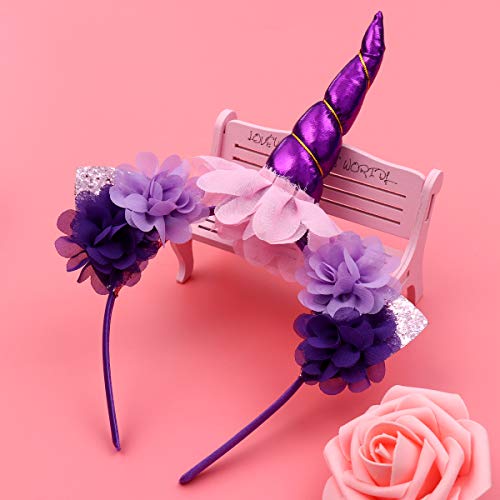 FENICAL Disfraz de Unicornio para Niñas Diadema Unicornio Floral con Oreja y Falda Tutú de Arco Iris Disfraz para Fiesta Púrpura Tamaño L